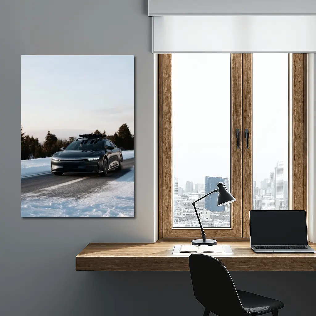 Lucid Air Driving Snowy Winter Road – Wall Art