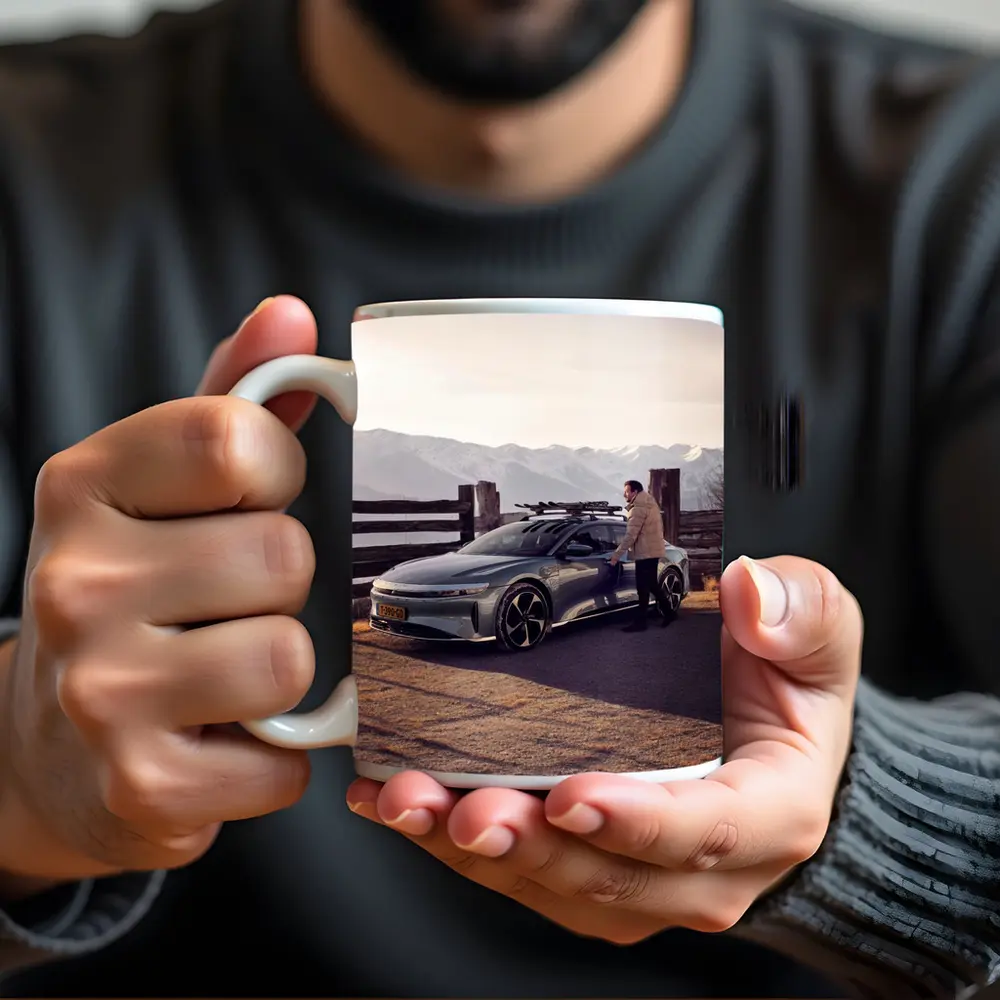 Lucid Air Car Snow Capped Mountain Winter – Mugs