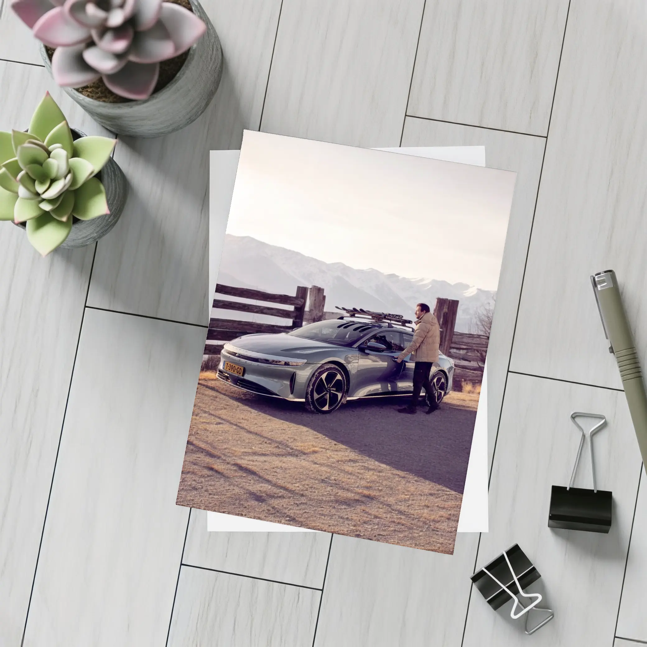 Lucid Air Car Snow Capped Mountain Winter – Postcards