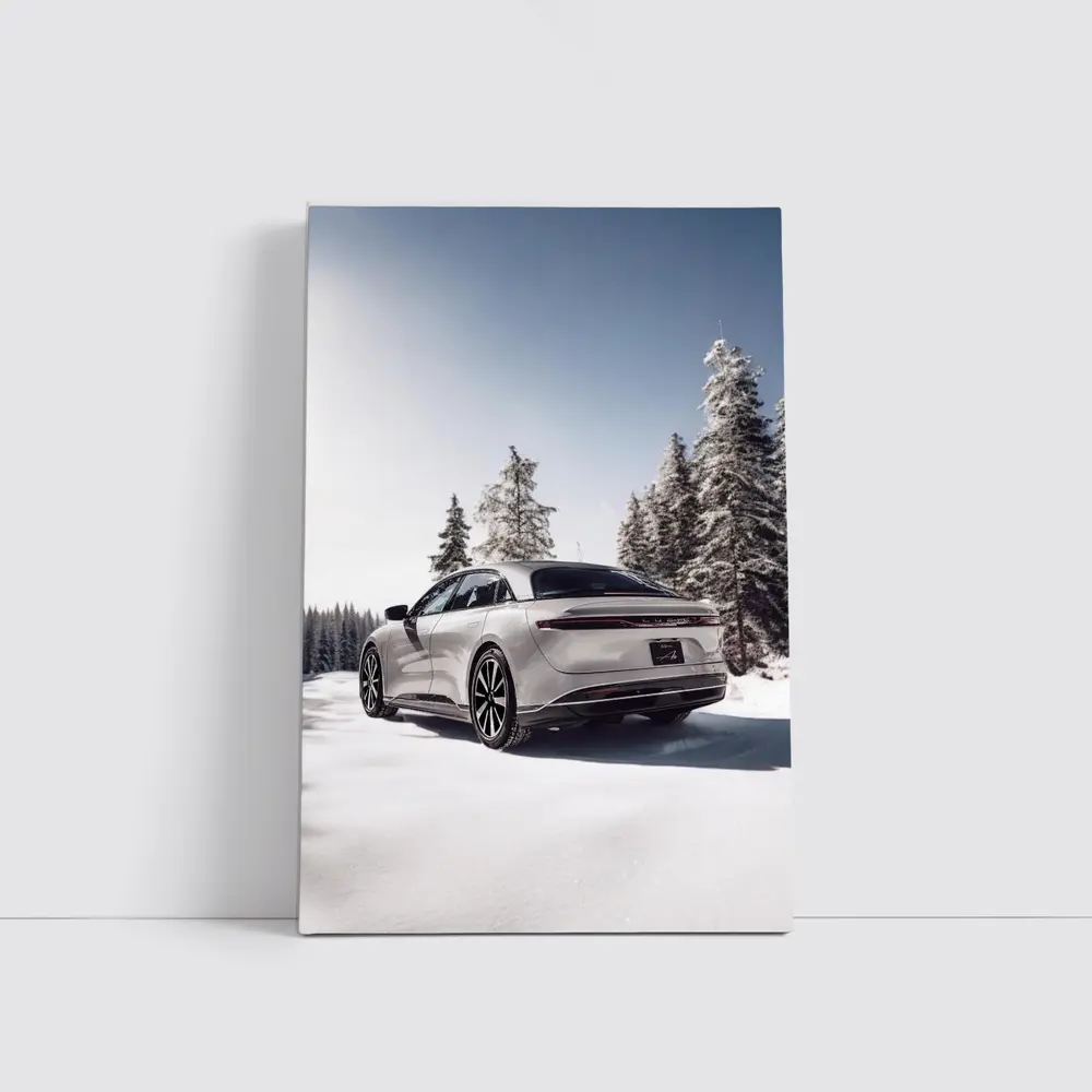 Lucid Air Sedan Snowy Winter Forest Scene – Wall Art