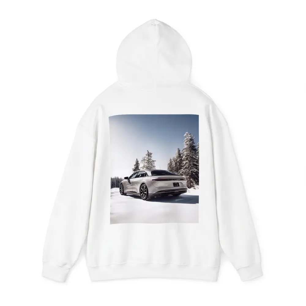 Lucid Air Sedan Snowy Winter Forest Scene – Hoodies
