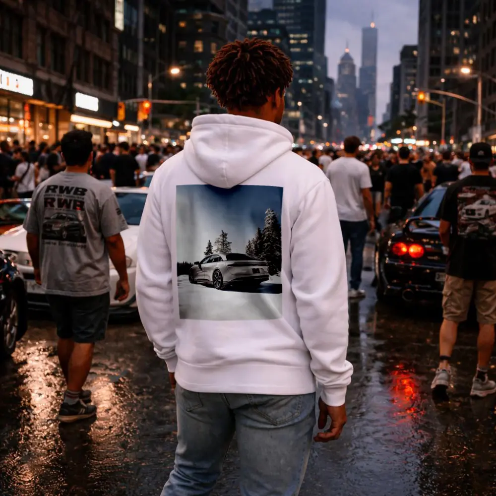 Lucid Air Sedan Snowy Winter Forest Scene – Hoodies