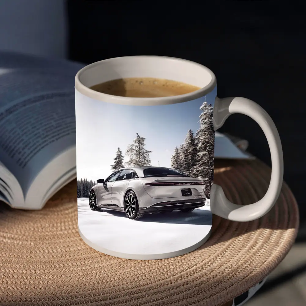 Lucid Air Sedan Snowy Winter Forest Scene – Mugs