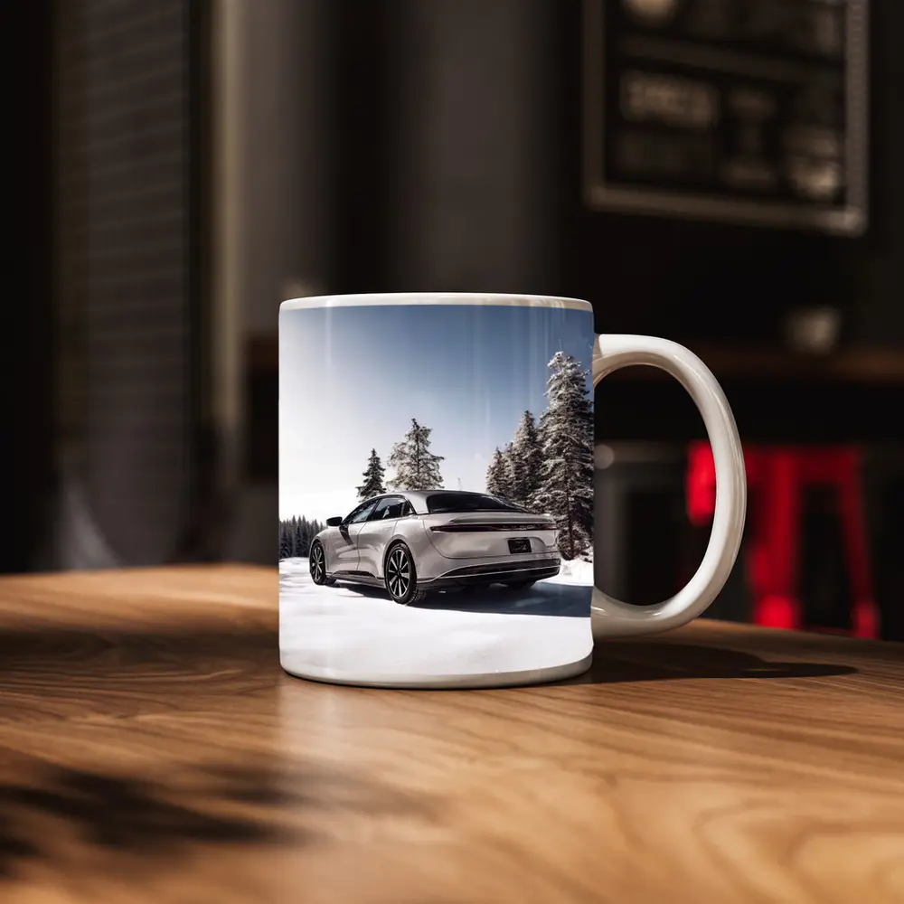 Lucid Air Sedan Snowy Winter Forest Scene – Mugs