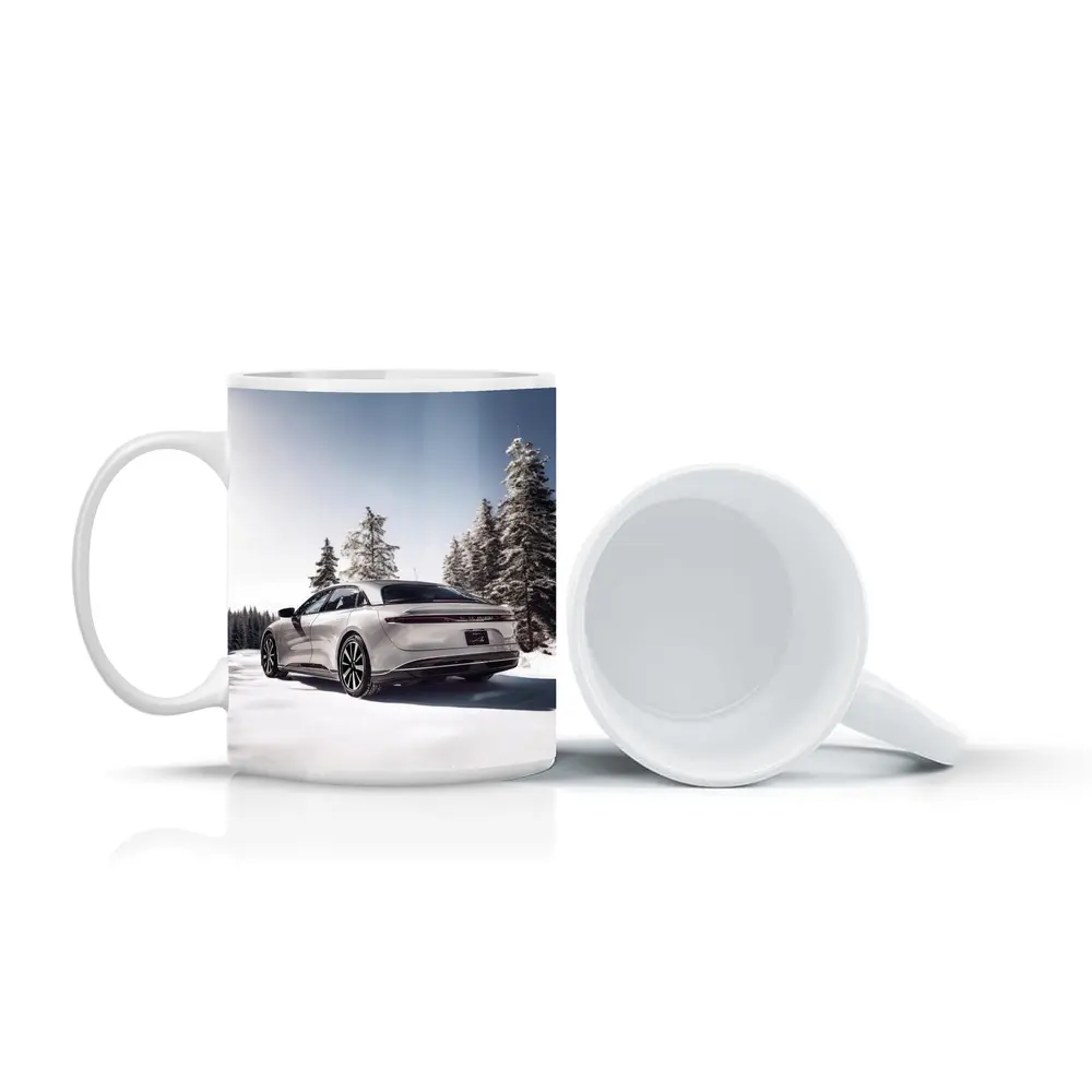 Lucid Air Sedan Snowy Winter Forest Scene – Mugs