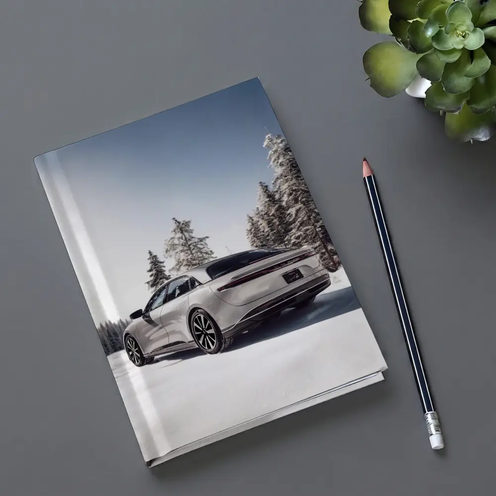 Lucid Air Sedan Snowy Winter Forest Scene – Notebooks