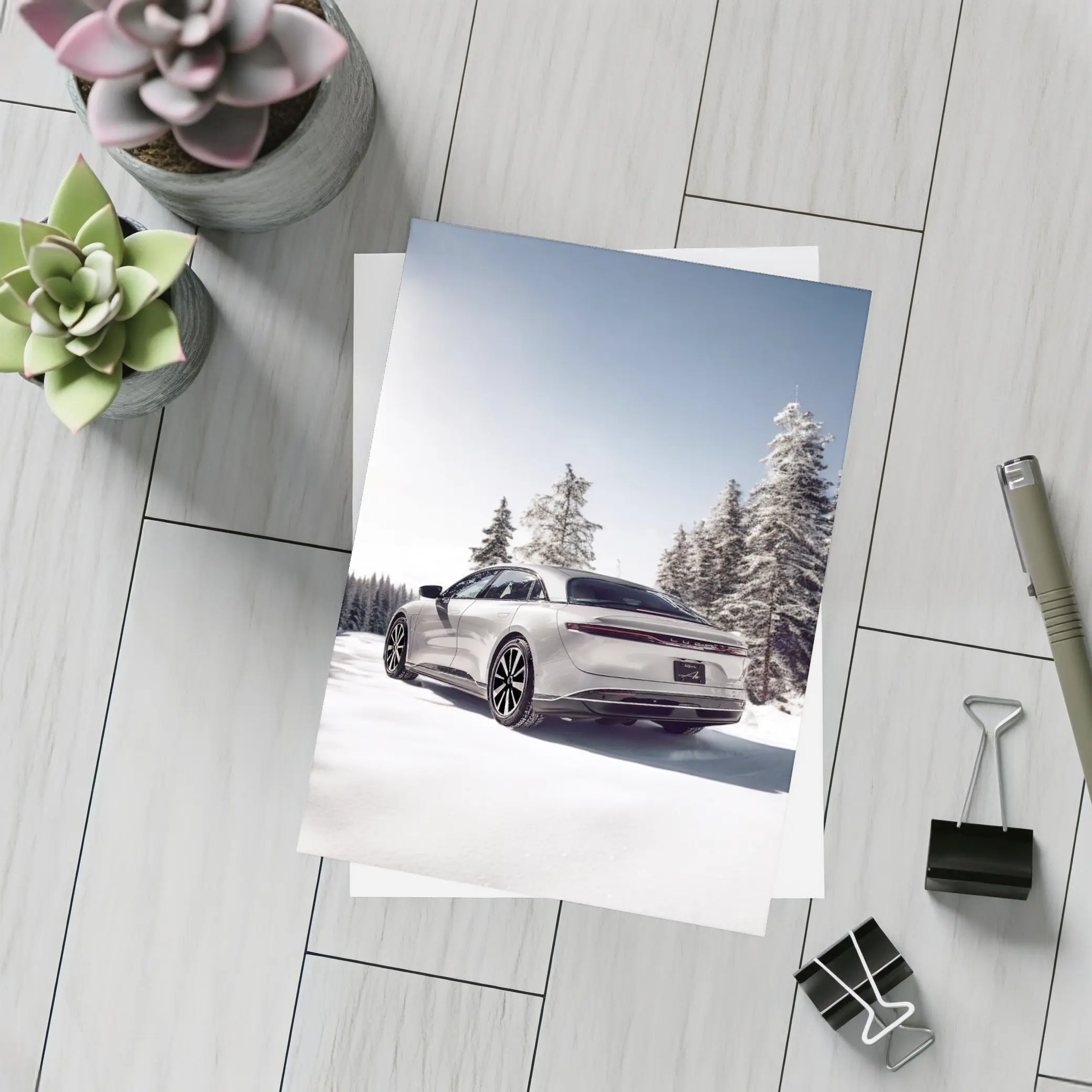Lucid Air Sedan Snowy Winter Forest Scene – Postcards