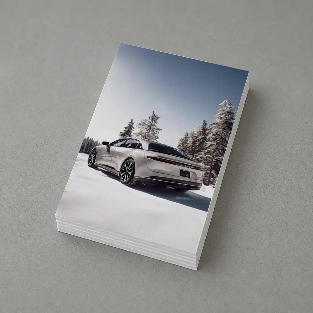 Lucid Air Sedan Snowy Winter Forest Scene – Postcards