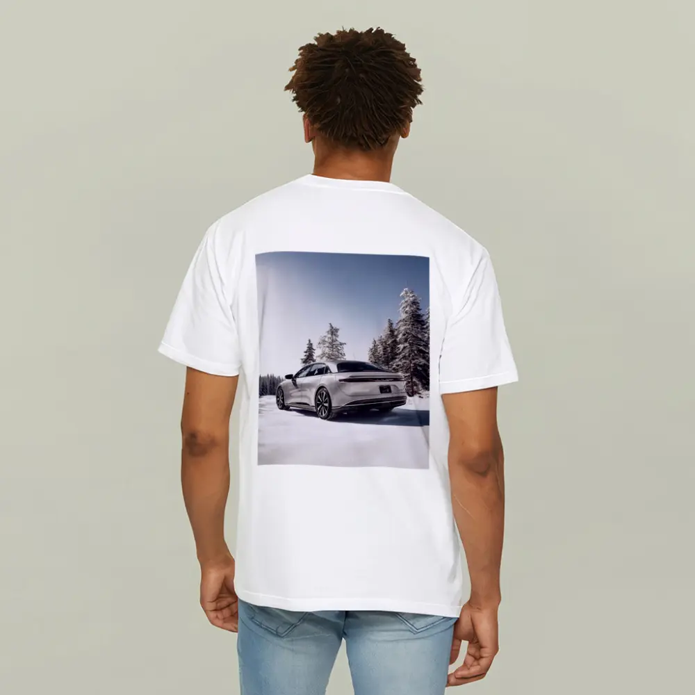 Lucid Air Sedan Snowy Winter Forest Scene – T-Shirts