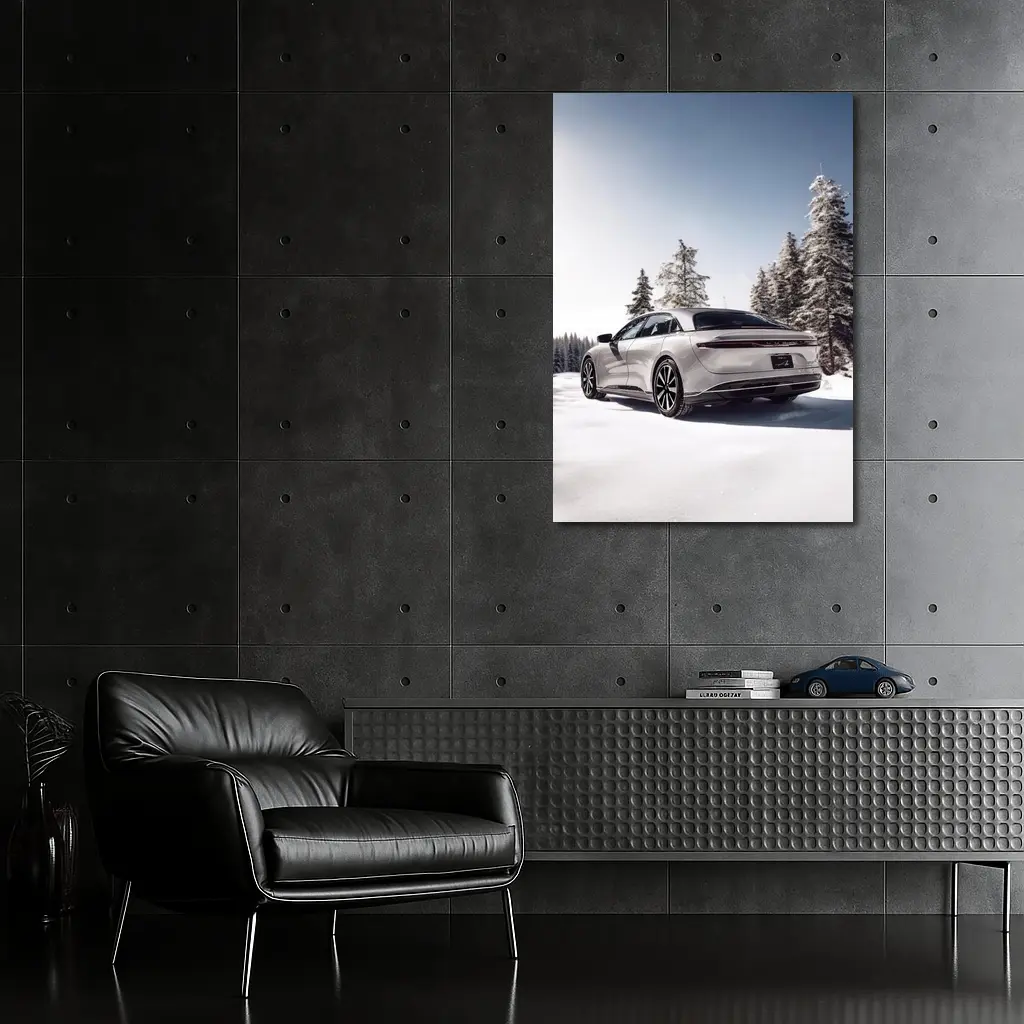 Lucid Air Sedan Snowy Winter Forest Scene – Wall Art