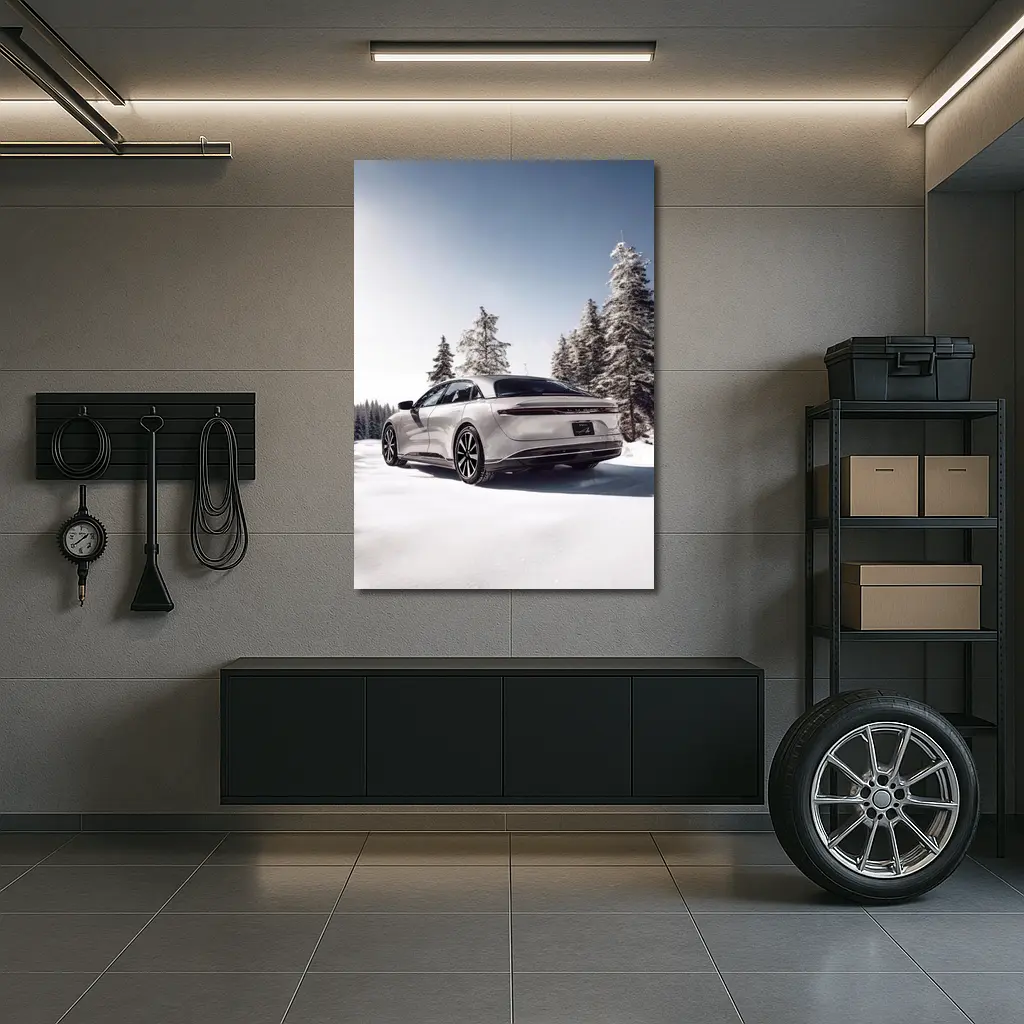 Lucid Air Sedan Snowy Winter Forest Scene – Wall Art