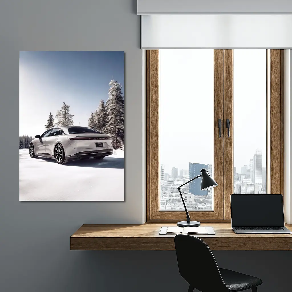 Lucid Air Sedan Snowy Winter Forest Scene – Wall Art