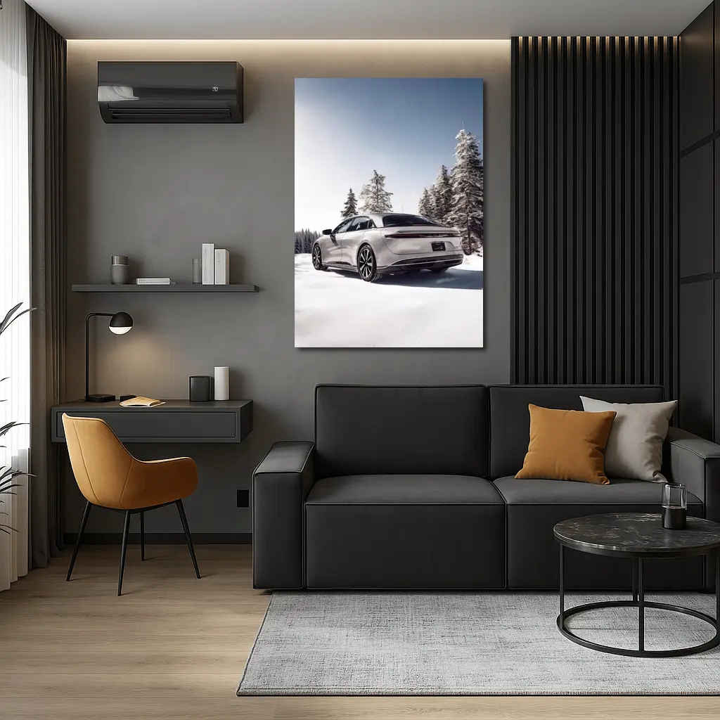 Lucid Air Sedan Snowy Winter Forest Scene – Wall Art