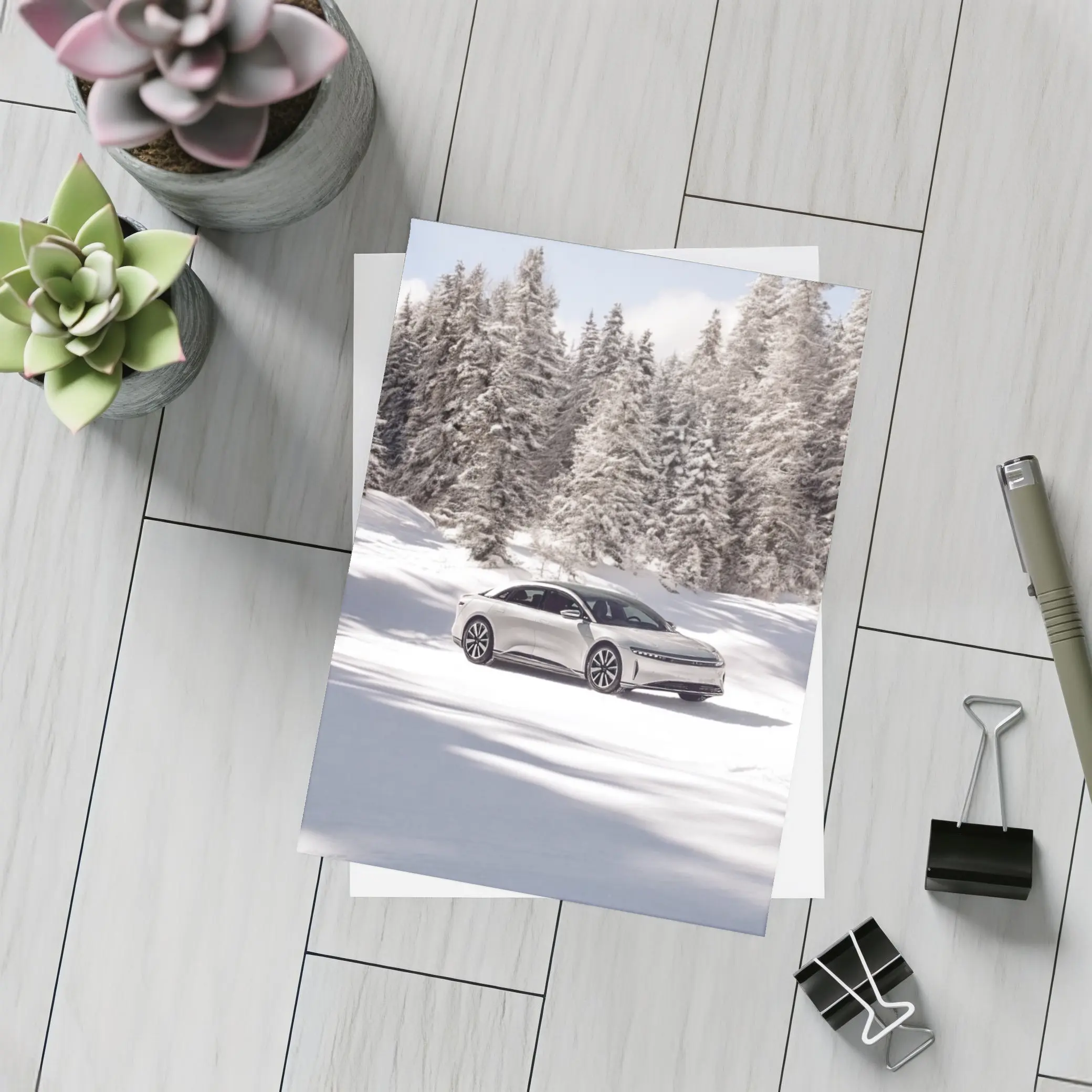 Lucid Air Sedan Snowy Winter Forest – Postcards