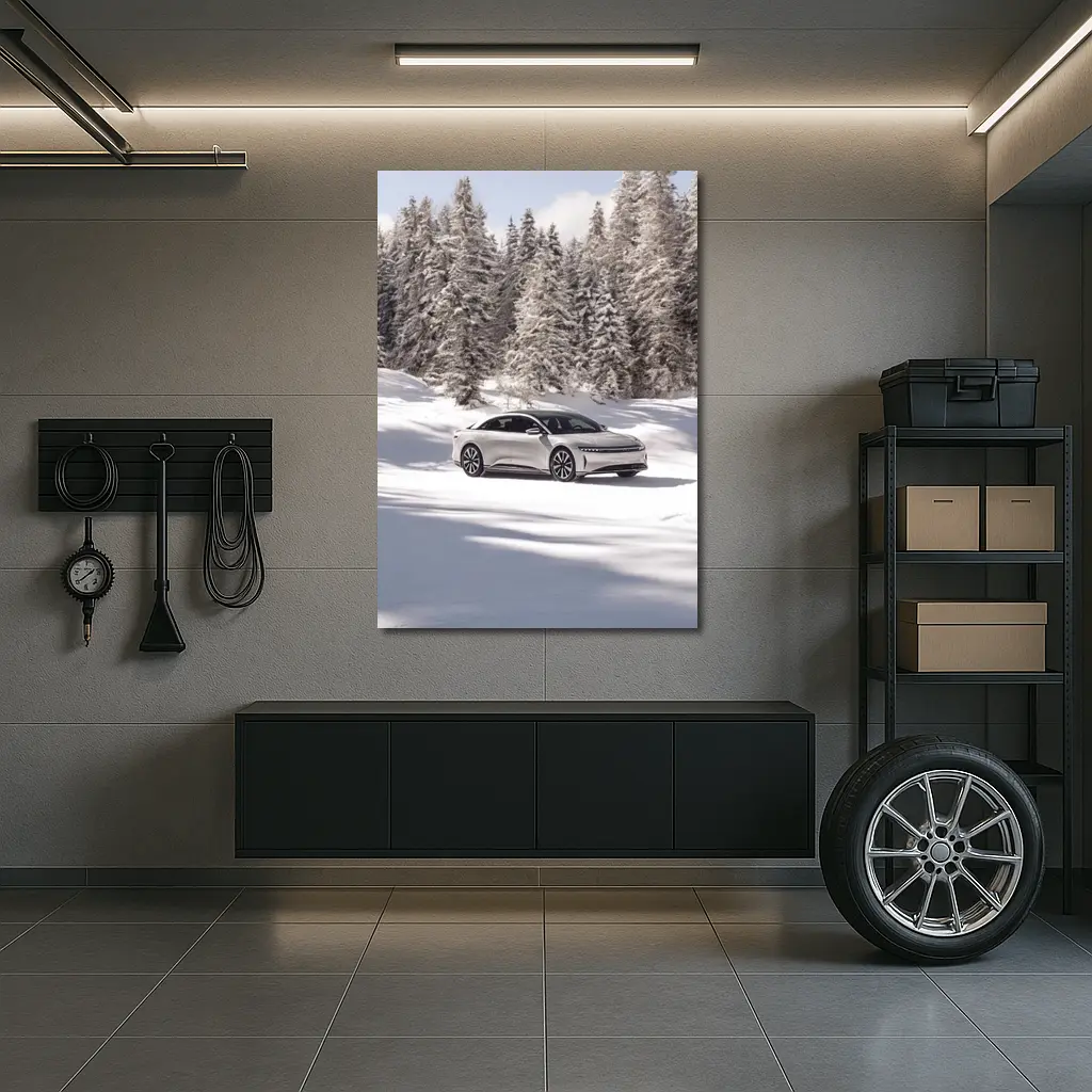 Lucid Air Sedan Snowy Winter Forest – Wall Art