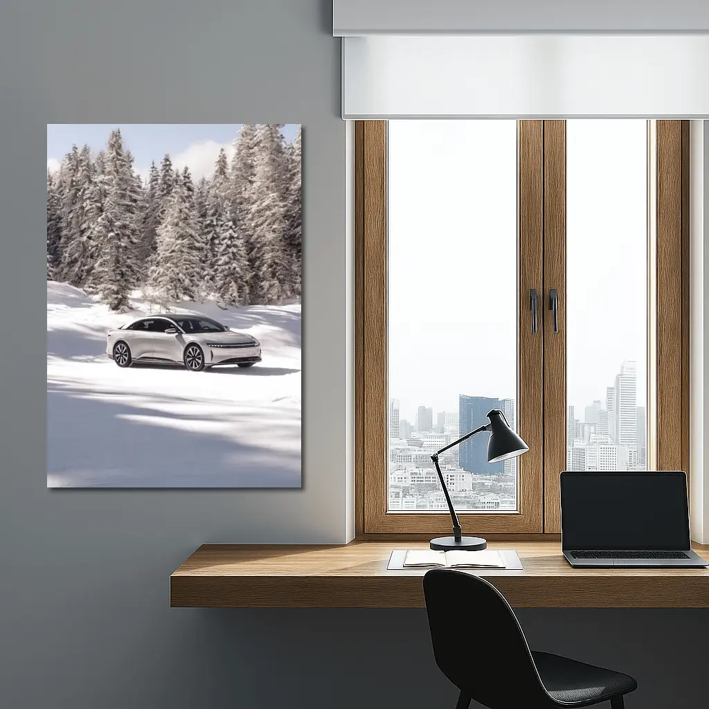 Lucid Air Sedan Snowy Winter Forest – Wall Art
