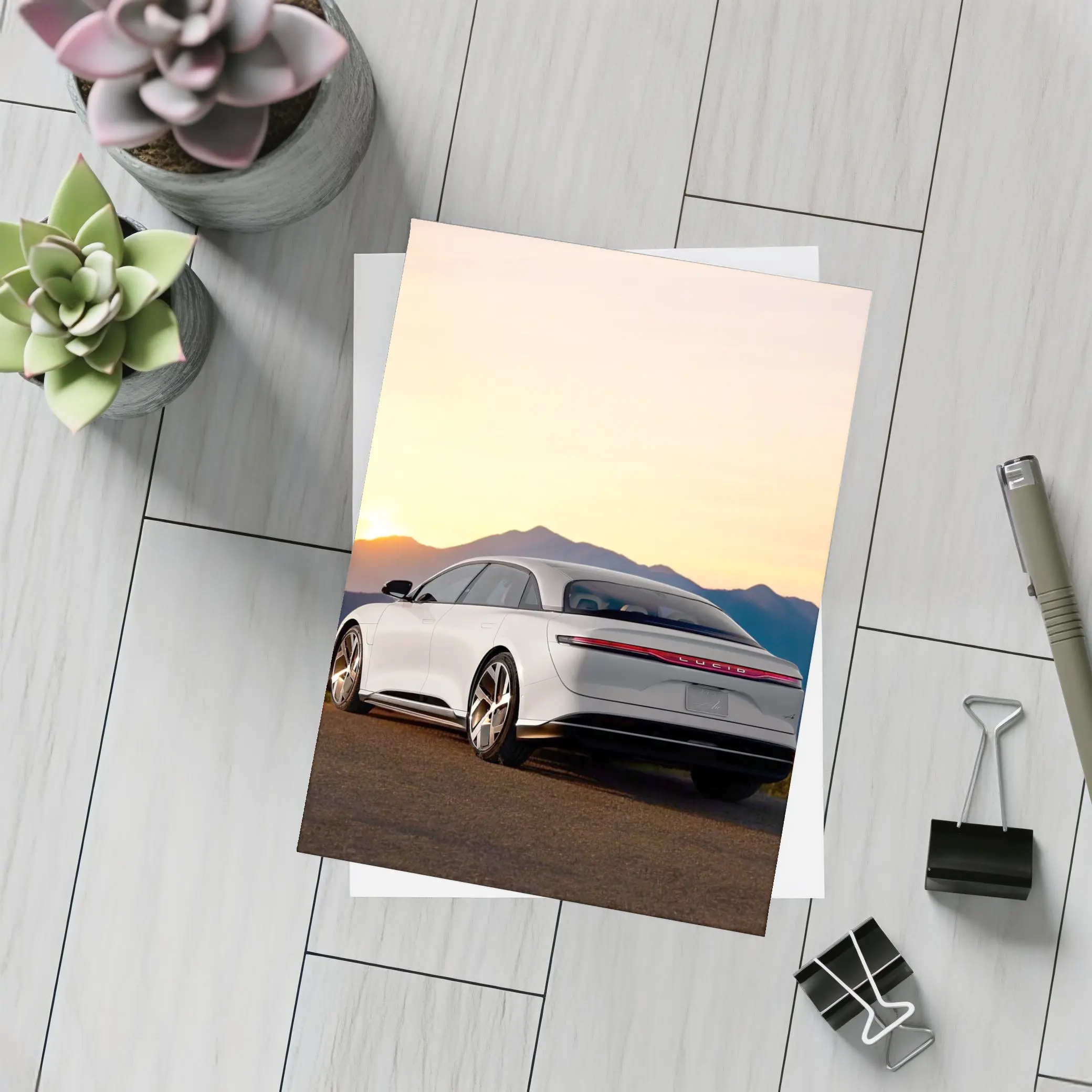 Lucid Air Electric Sedan Sunset Mountains – Postcards