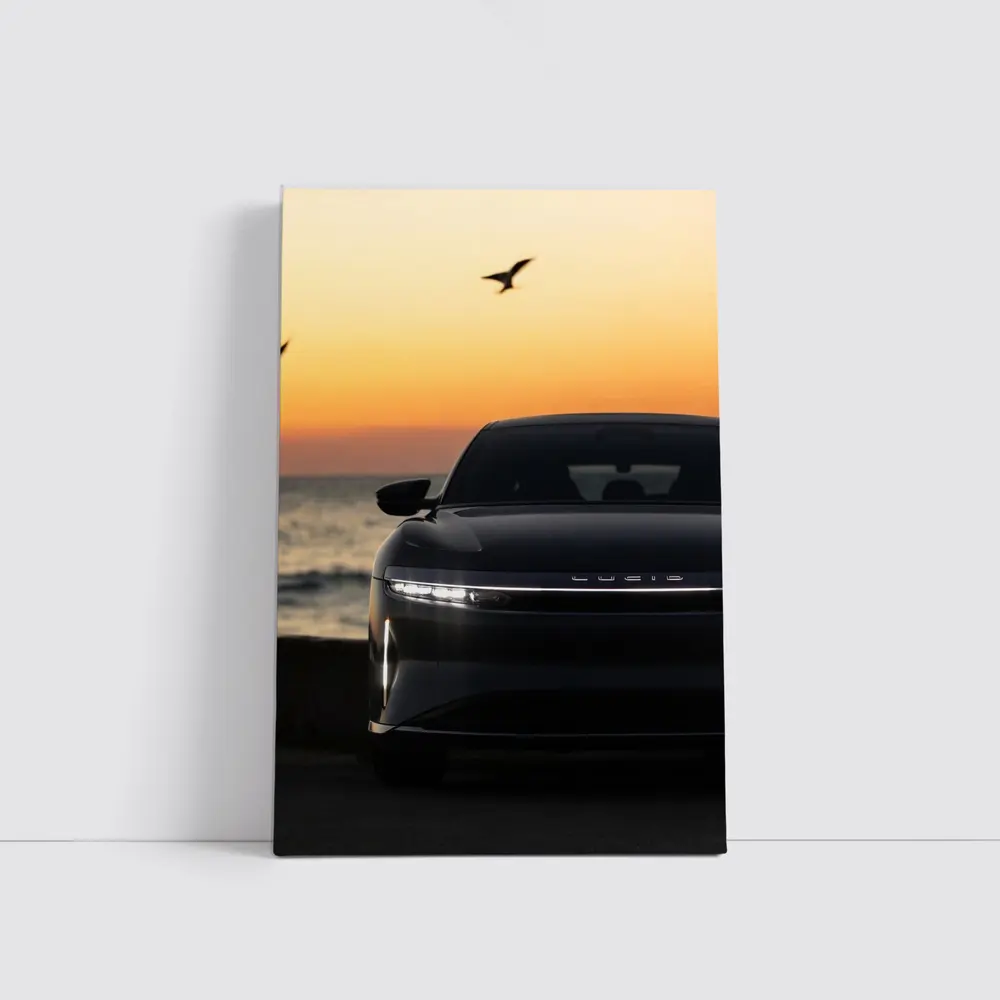 Lucid Air at Golden Sunset Ocean Shore – Wall Art