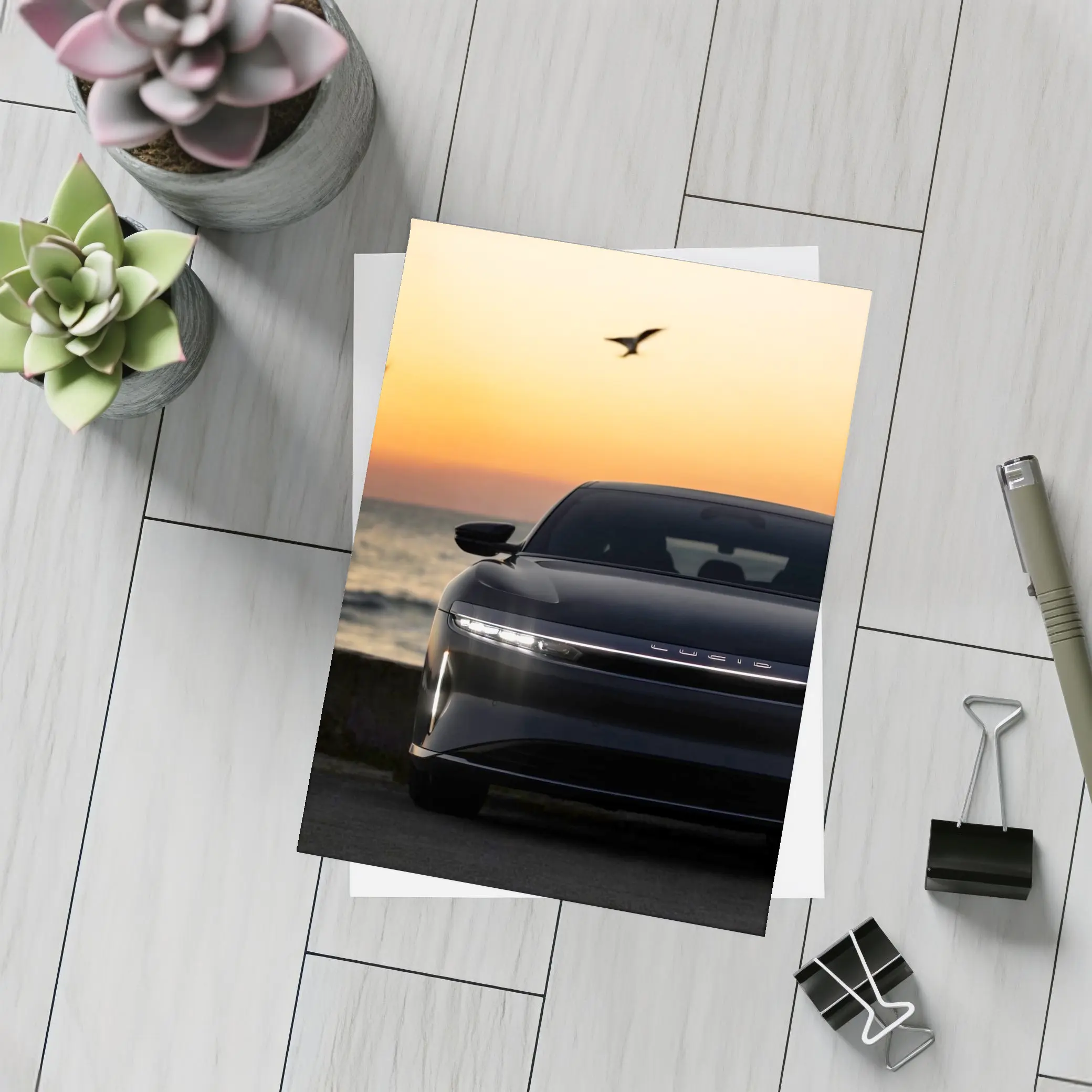 Lucid Air at Golden Sunset Ocean Shore – Postcards