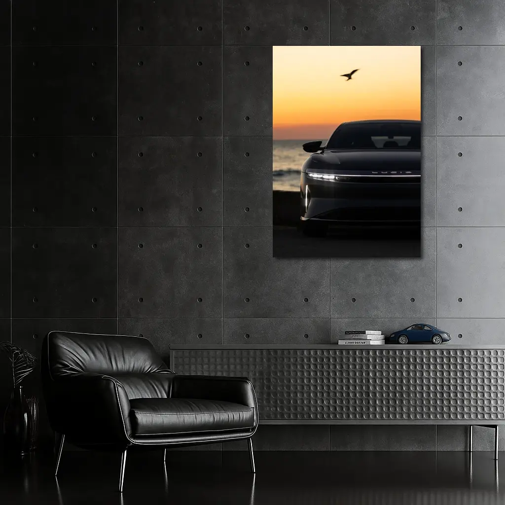 Lucid Air at Golden Sunset Ocean Shore – Wall Art