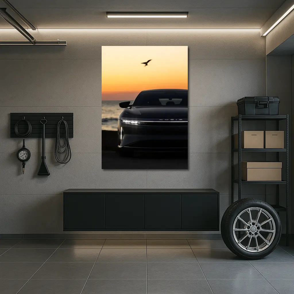 Lucid Air at Golden Sunset Ocean Shore – Wall Art