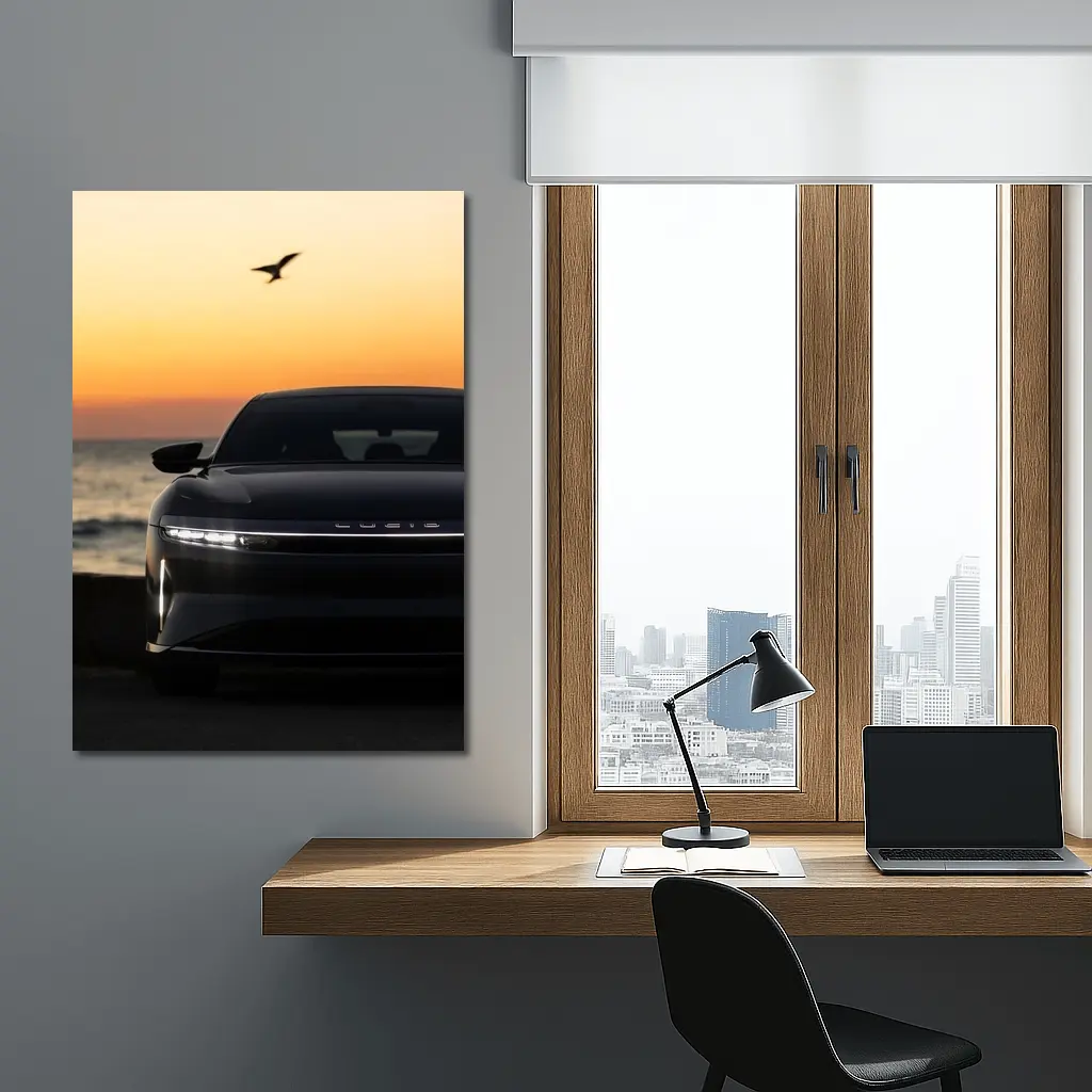 Lucid Air at Golden Sunset Ocean Shore – Wall Art