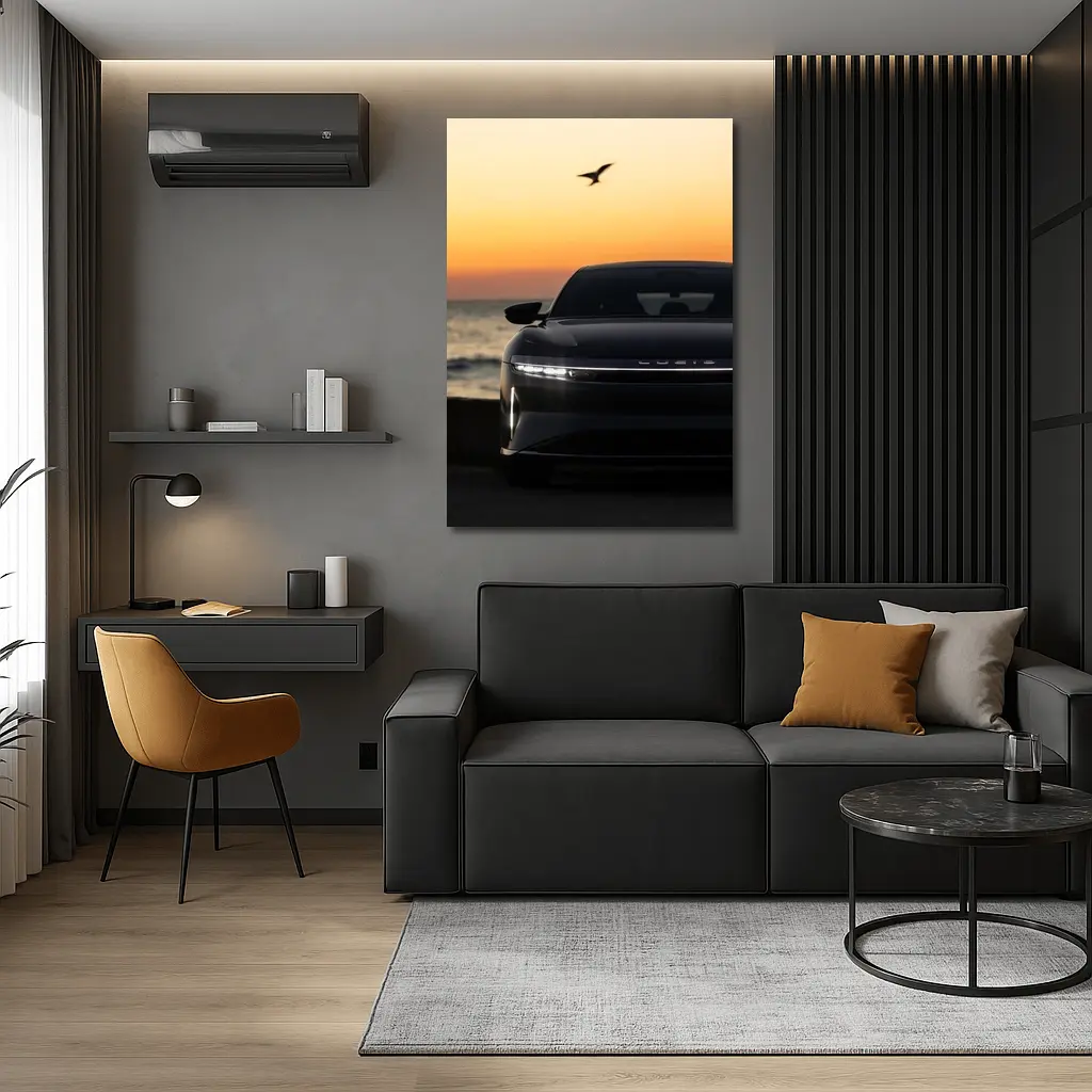 Lucid Air at Golden Sunset Ocean Shore – Wall Art