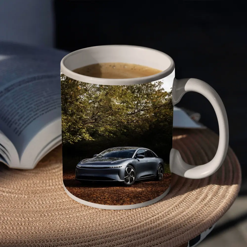 Lucid Air Electric Sedan Autumn Forest Setting – Mugs