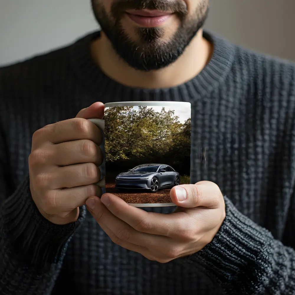 Lucid Air Electric Sedan Autumn Forest Setting – Mugs
