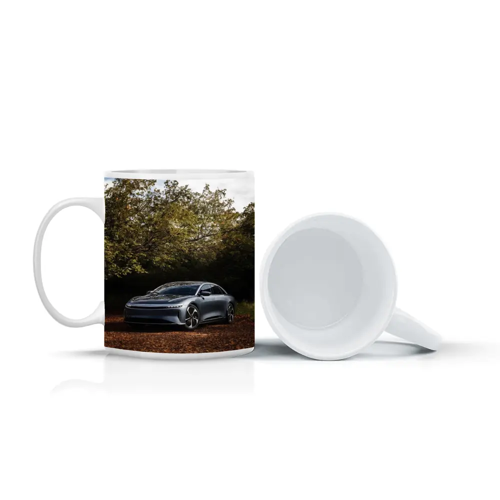 Lucid Air Electric Sedan Autumn Forest Setting – Mugs