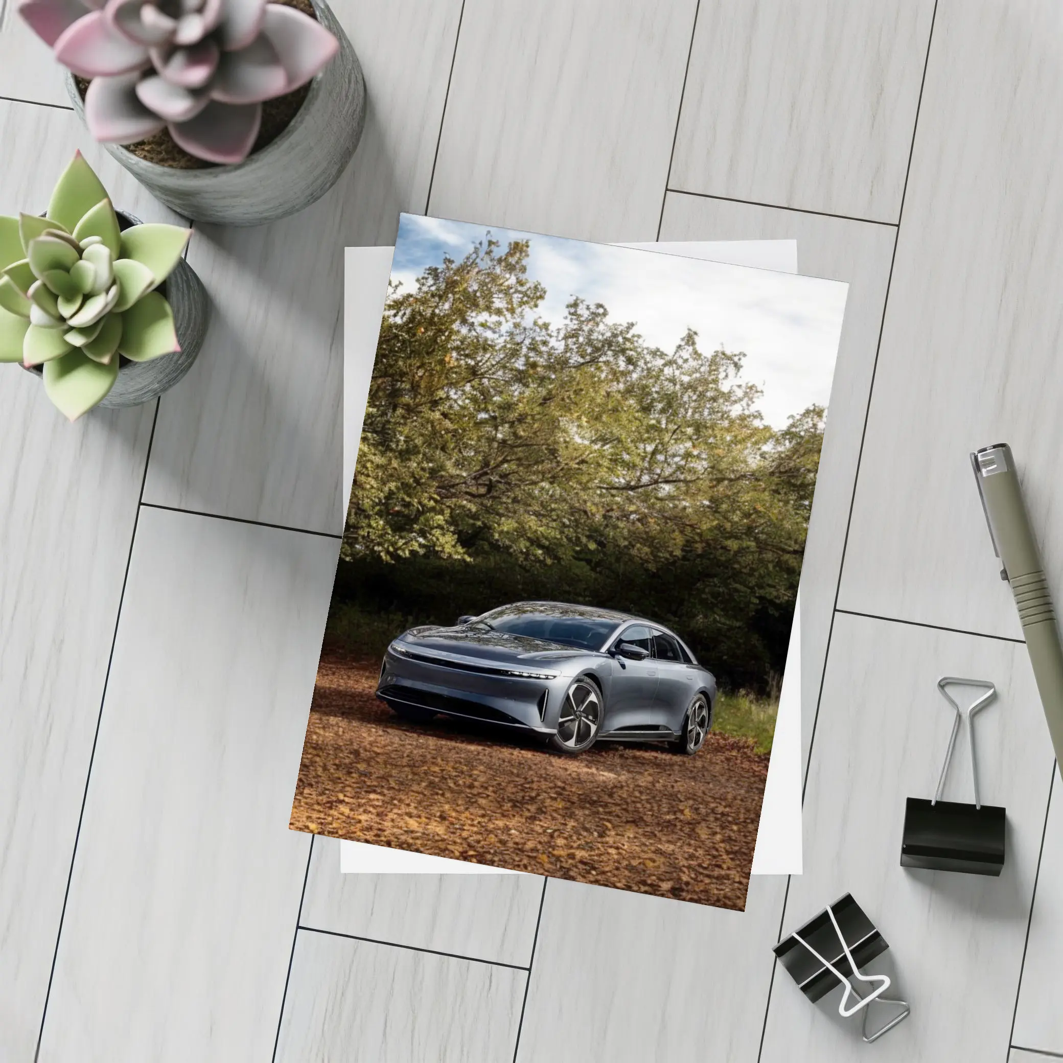 Lucid Air Electric Sedan Autumn Forest Setting – Postcards