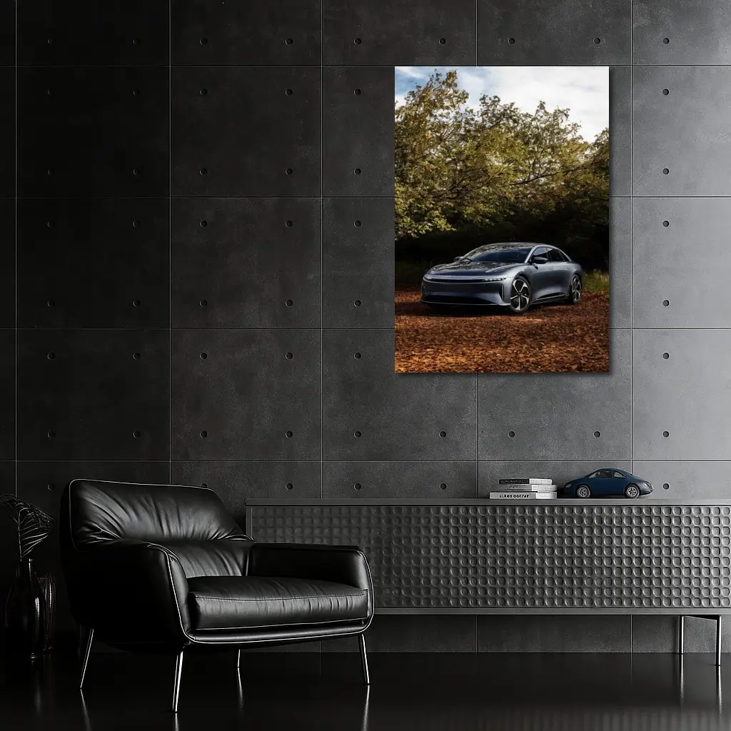 Lucid Air Electric Sedan Autumn Forest Setting – Wall Art