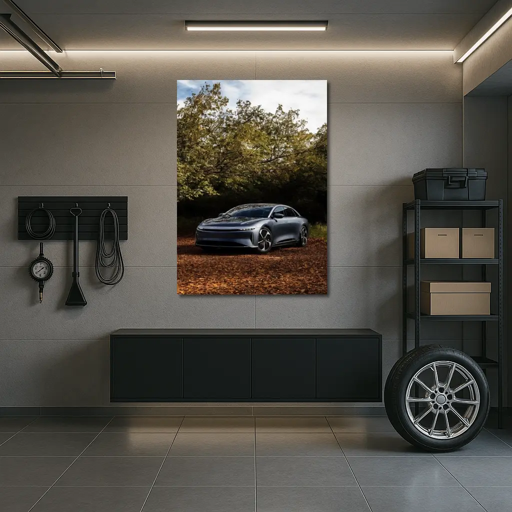 Lucid Air Electric Sedan Autumn Forest Setting – Wall Art