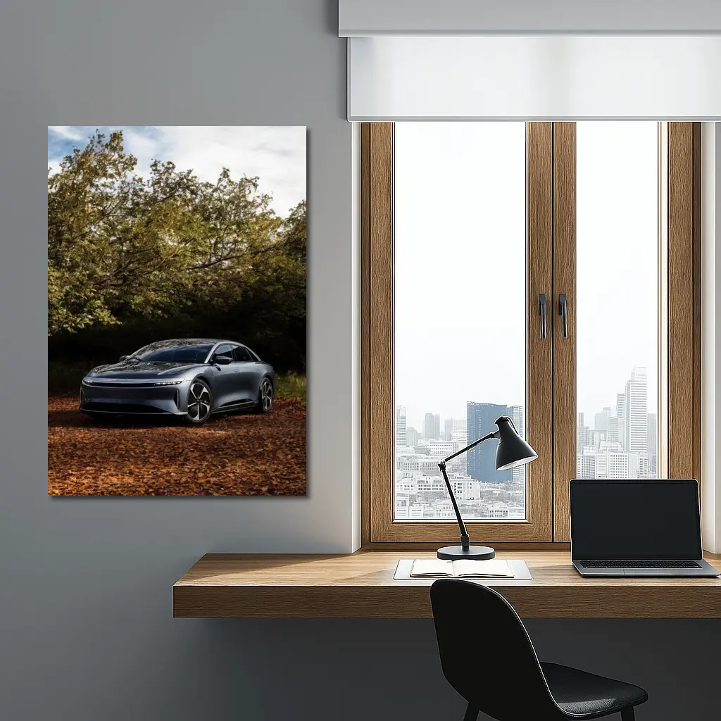 Lucid Air Electric Sedan Autumn Forest Setting – Wall Art