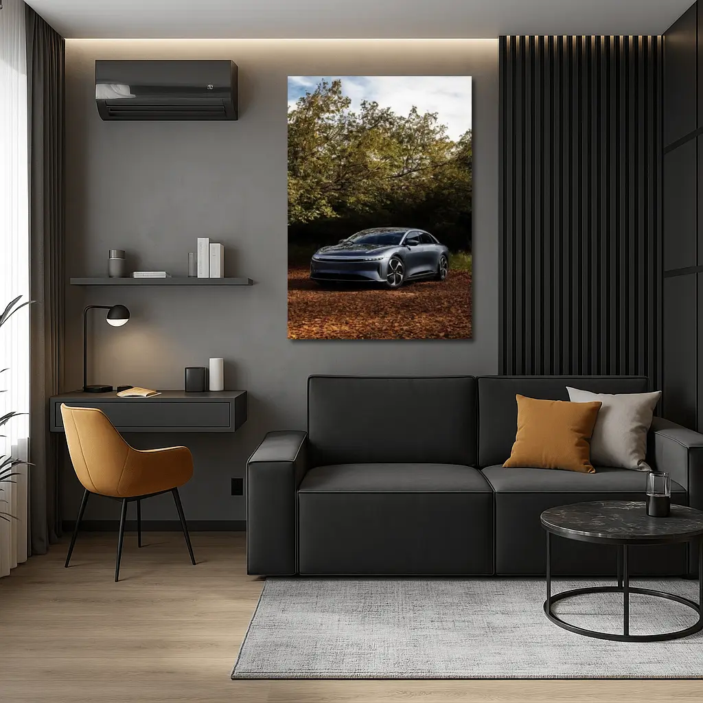 Lucid Air Electric Sedan Autumn Forest Setting – Wall Art