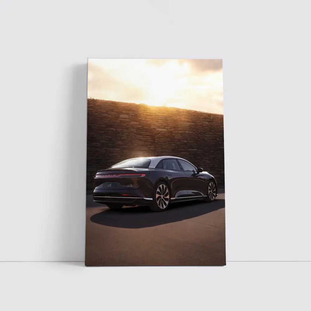Lucid Air Sedan Parked Against Stone Wall – Wall Art
