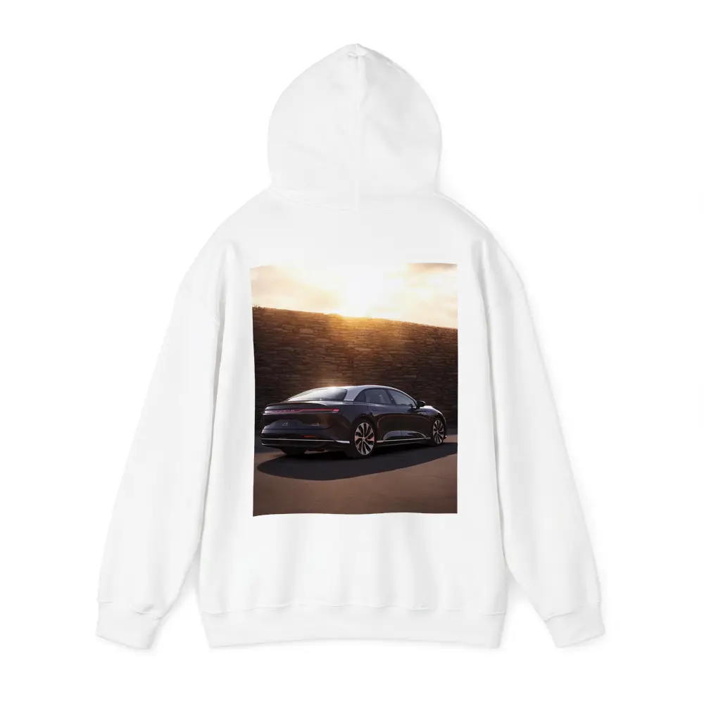 Lucid Air Sedan Parked Against Stone Wall – Hoodies