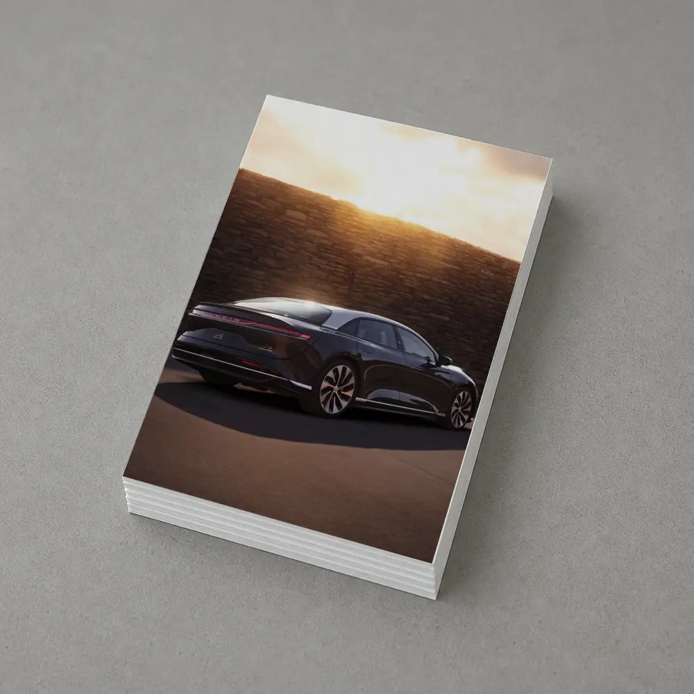 Lucid Air Sedan Parked Against Stone Wall – Postcards