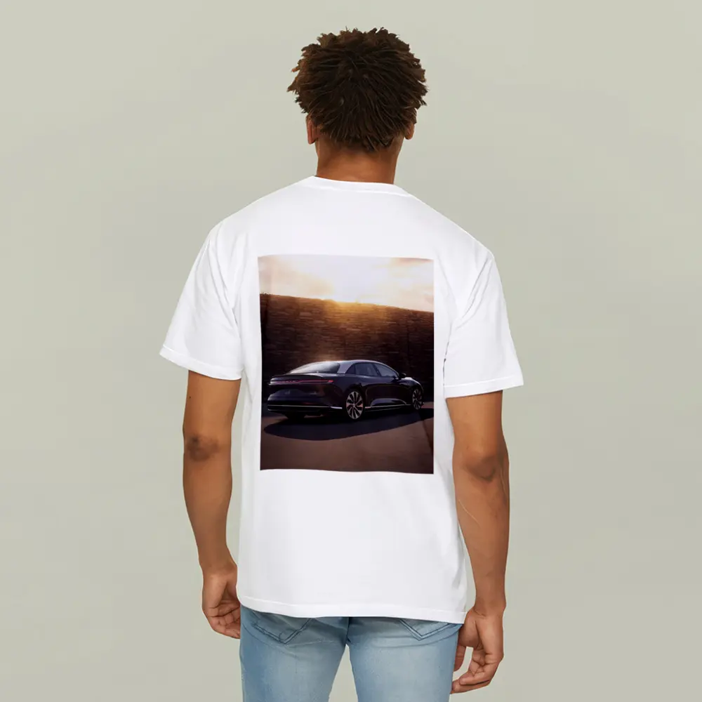 Lucid Air Sedan Parked Against Stone Wall – T-Shirts