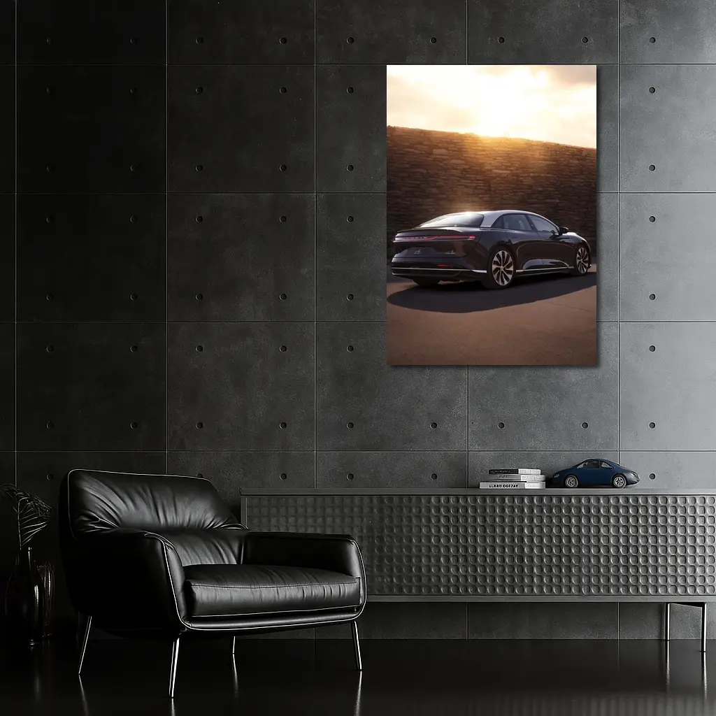 Lucid Air Sedan Parked Against Stone Wall – Wall Art
