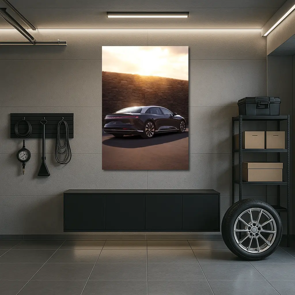 Lucid Air Sedan Parked Against Stone Wall – Wall Art