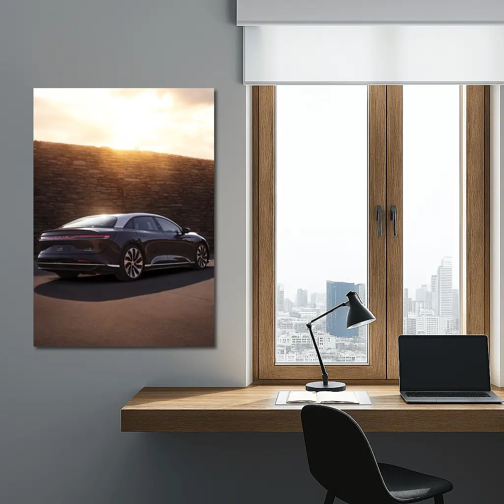Lucid Air Sedan Parked Against Stone Wall – Wall Art