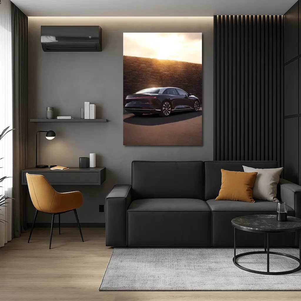 Lucid Air Sedan Parked Against Stone Wall – Wall Art