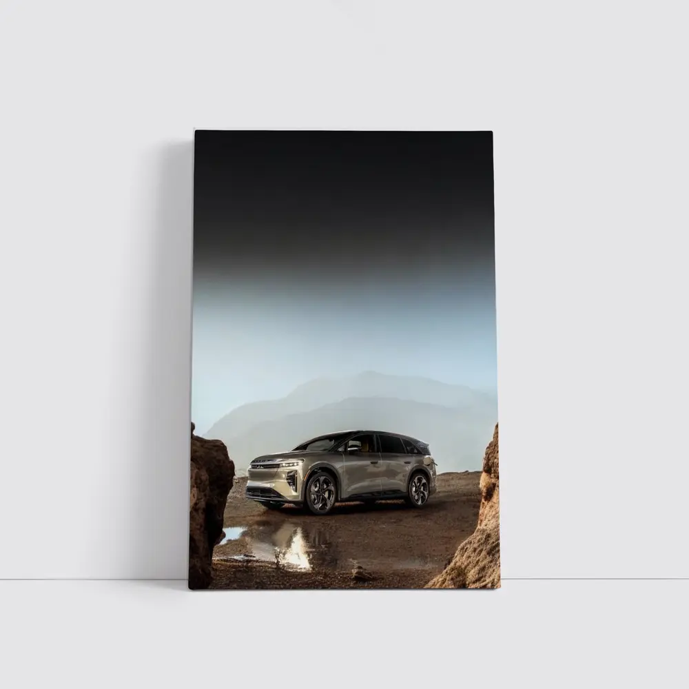 Lucid Gravity SUV Parked Rocky Mountain Landscape – Wall Art