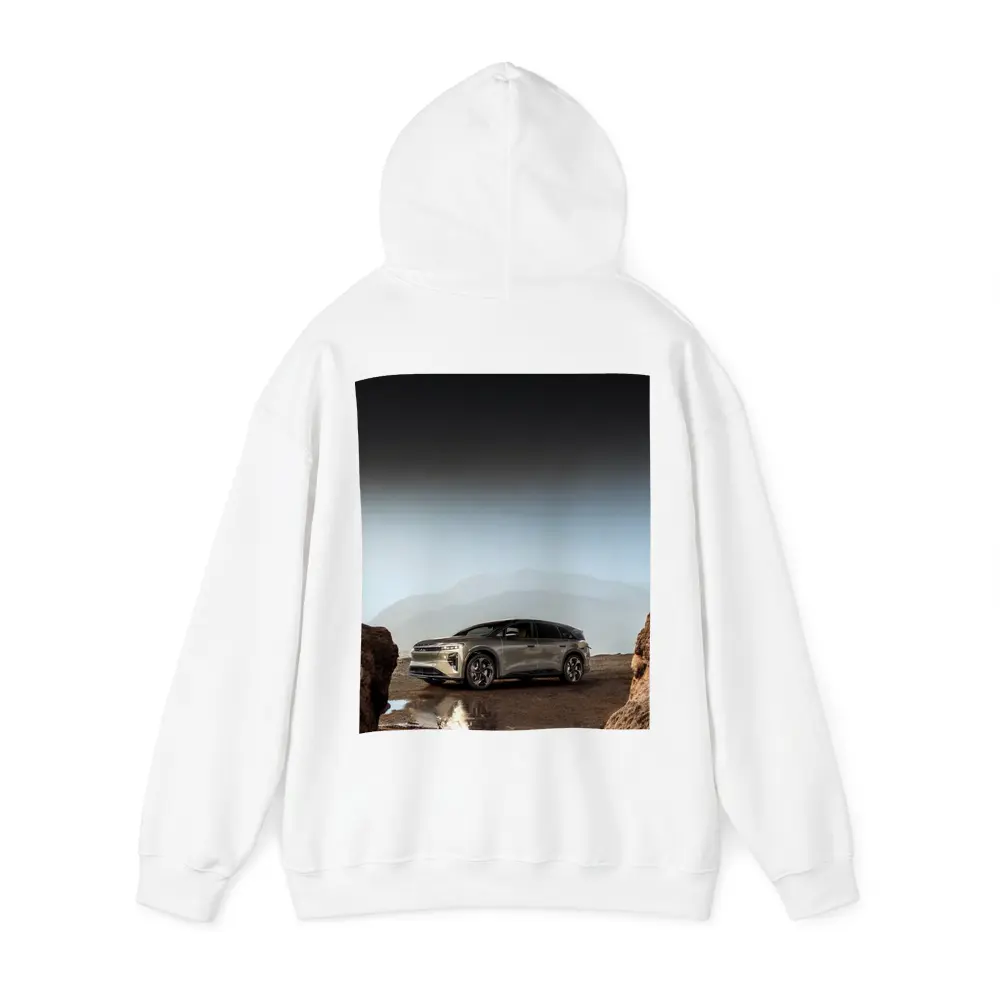 Lucid Gravity SUV Parked Rocky Mountain Landscape – Hoodies