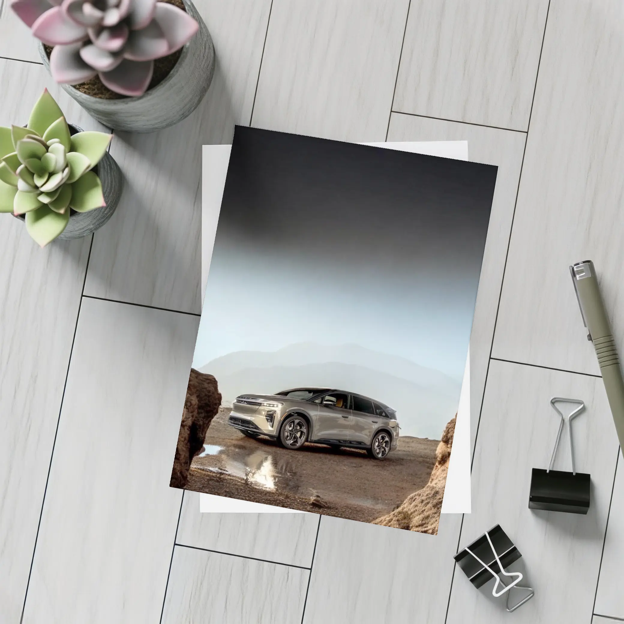 Lucid Gravity SUV Parked Rocky Mountain Landscape – Postcards