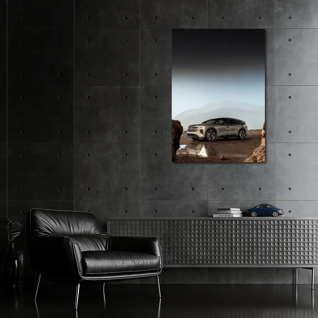 Lucid Gravity SUV Parked Rocky Mountain Landscape – Wall Art