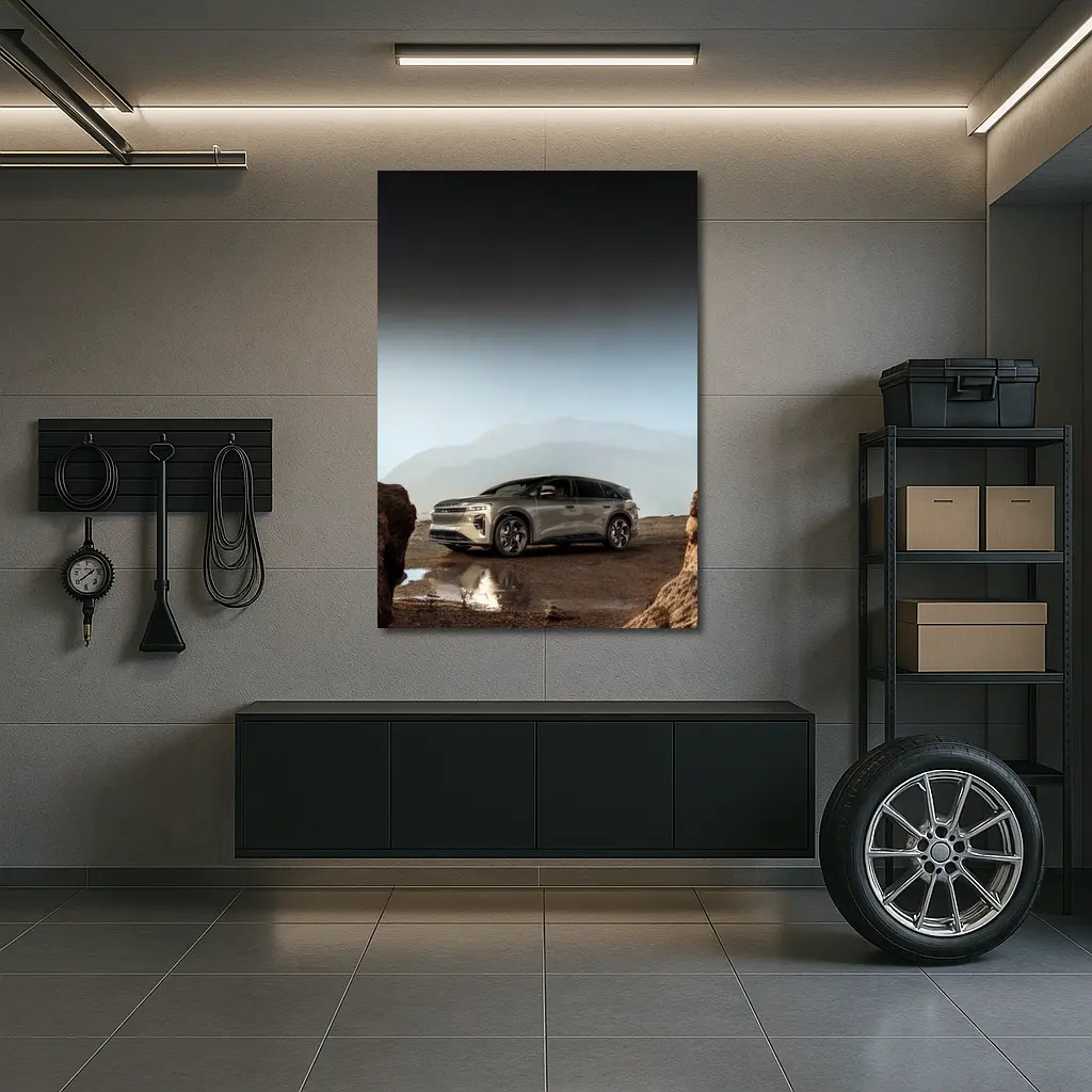 Lucid Gravity SUV Parked Rocky Mountain Landscape – Wall Art