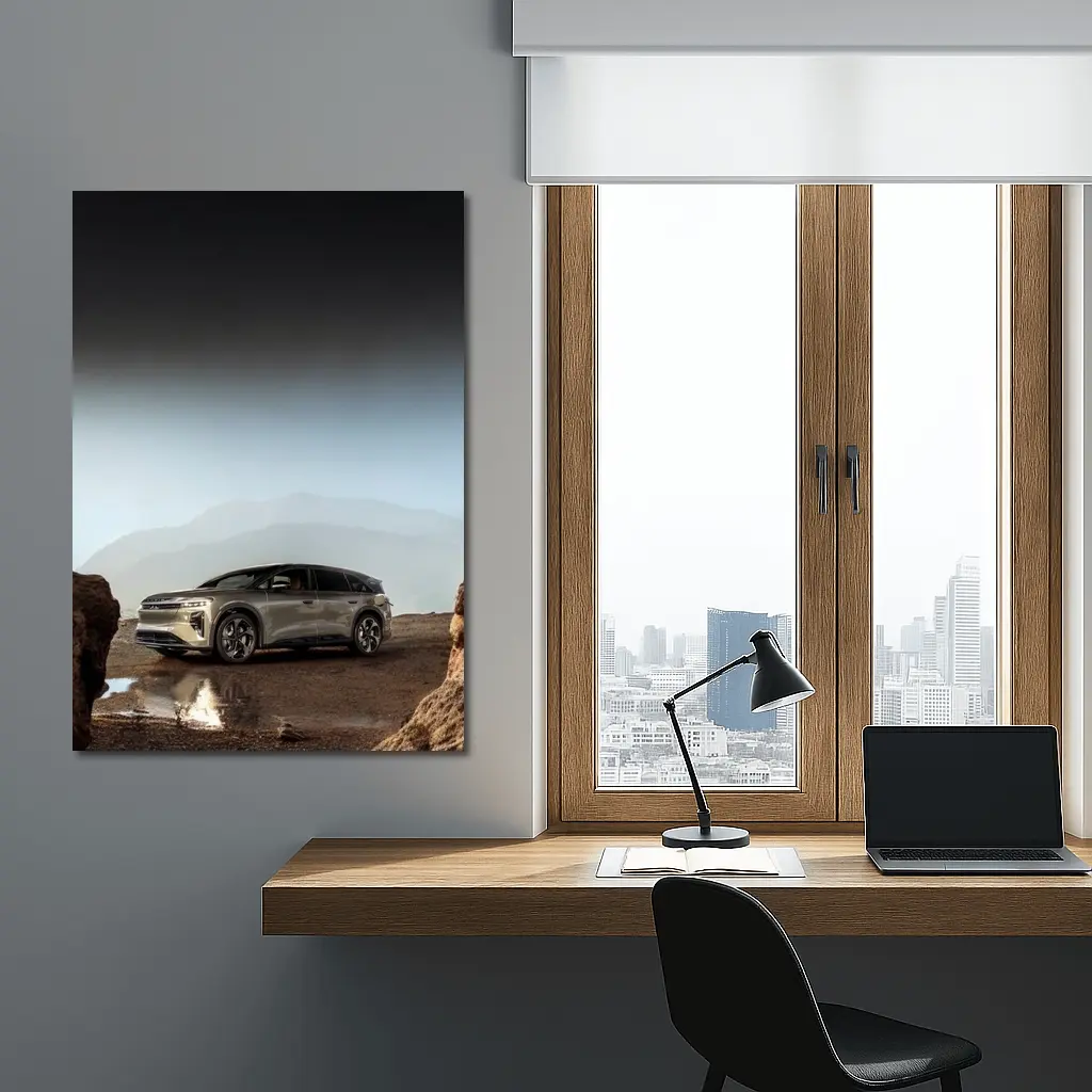 Lucid Gravity SUV Parked Rocky Mountain Landscape – Wall Art