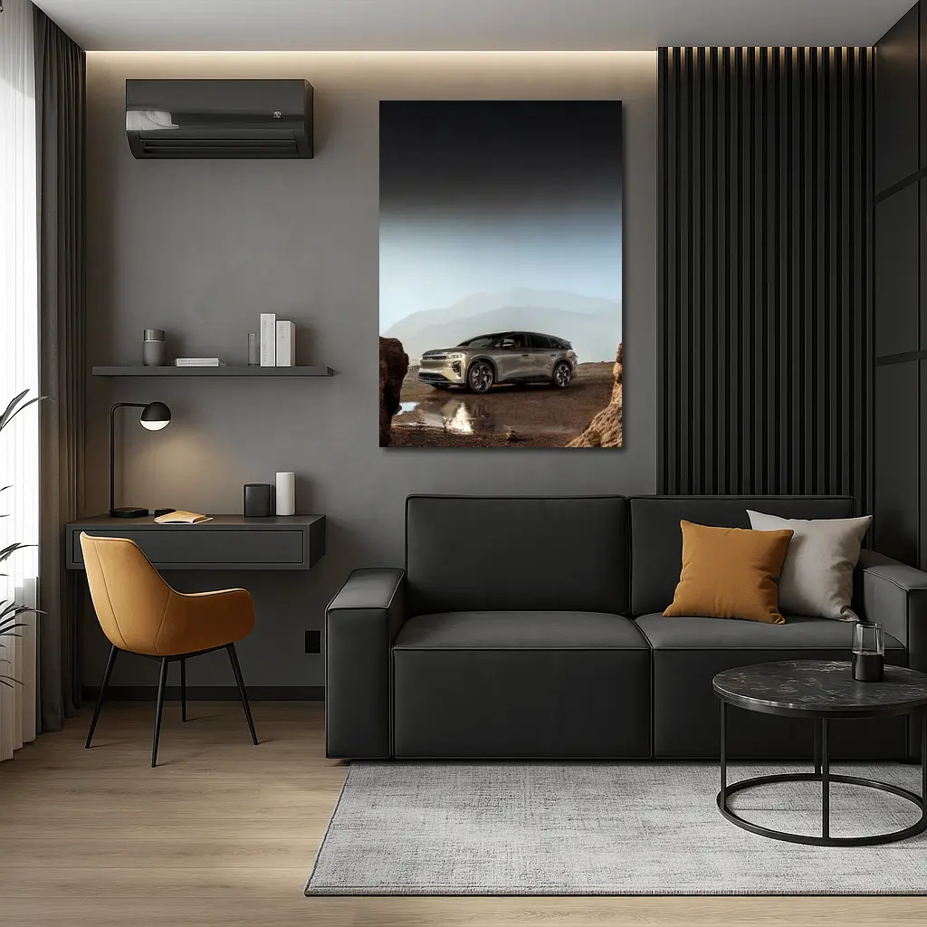 Lucid Gravity SUV Parked Rocky Mountain Landscape – Wall Art